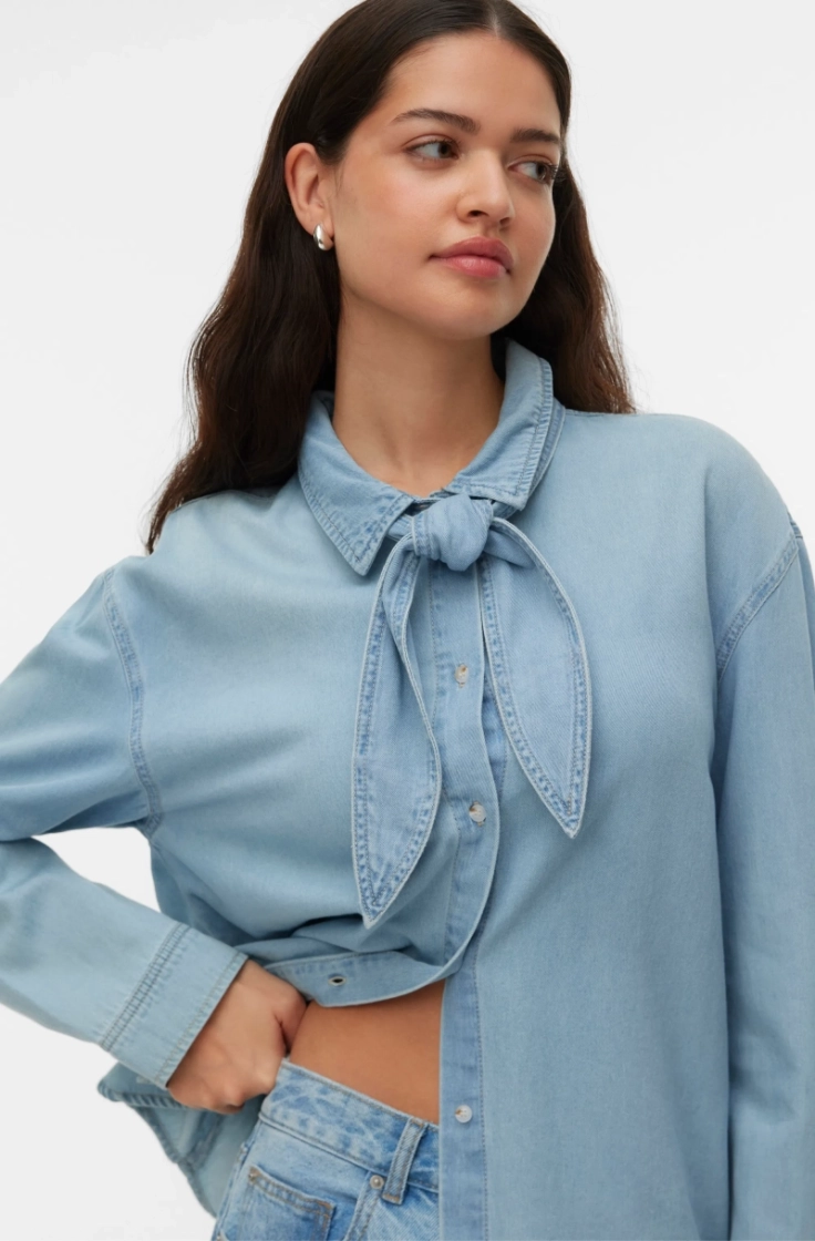 vmvionette ls denim bow shirt  medium blue den