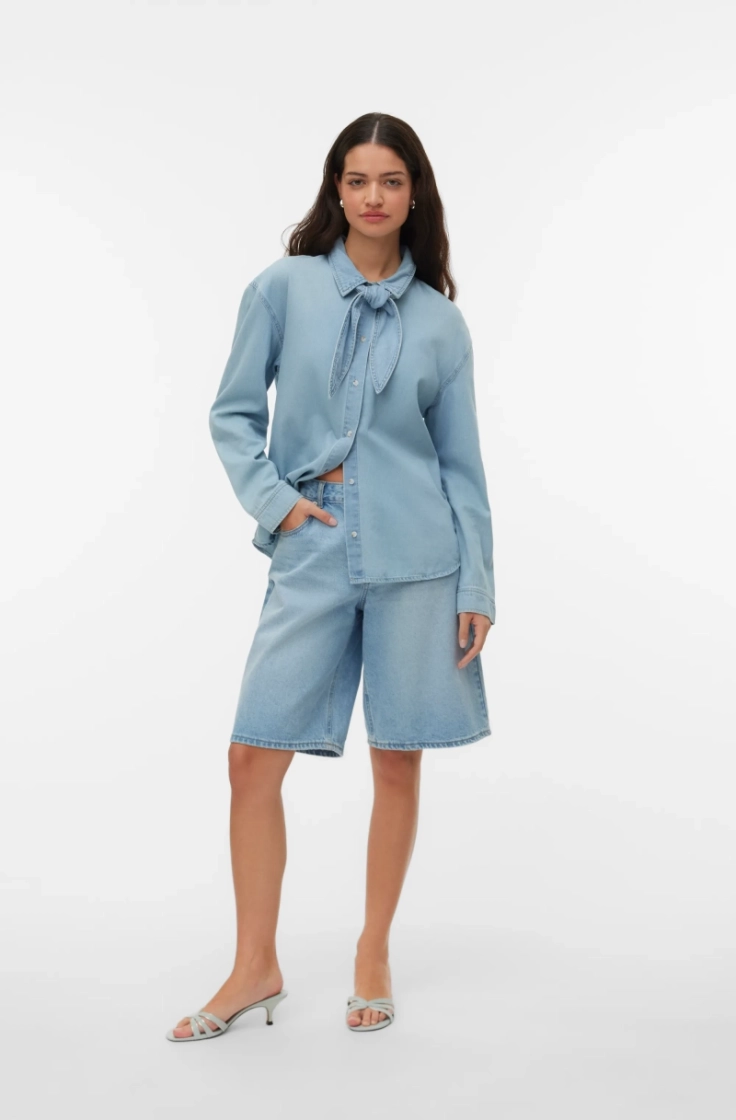 vmvionette ls denim bow shirt  medium blue den