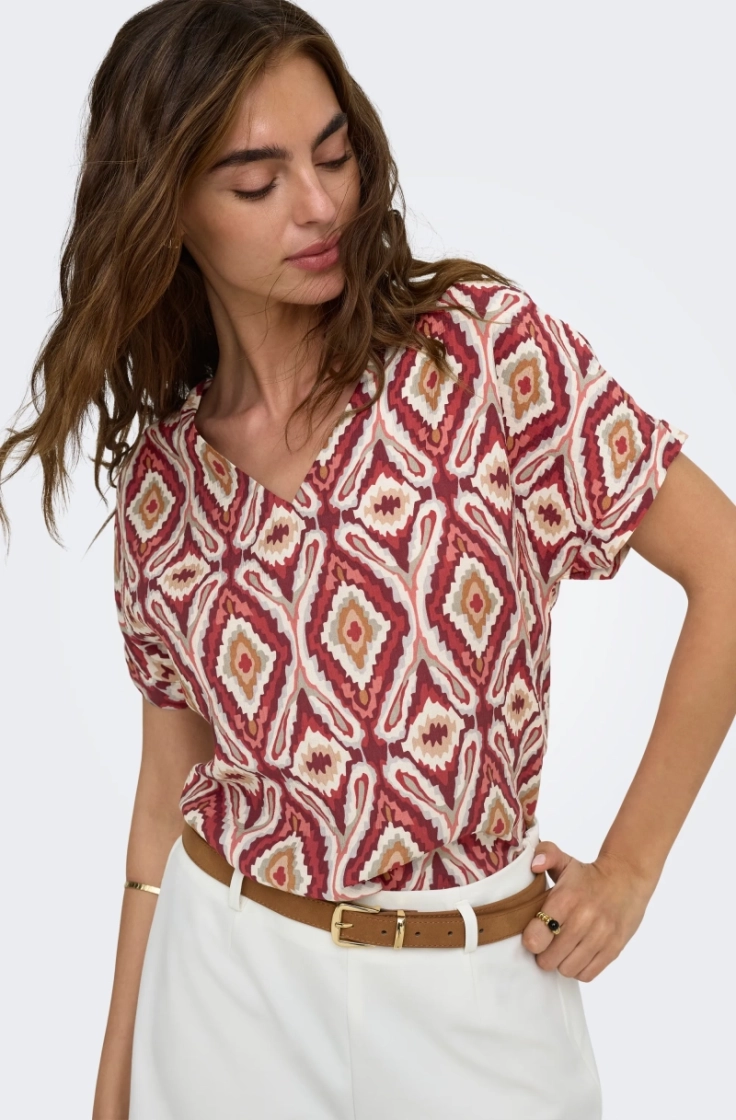 onlbelly mikasi ss v-neck top  brick red aop a
