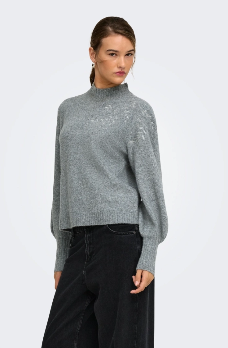 onlbeauty ls high neck emb knt medum grey mela
