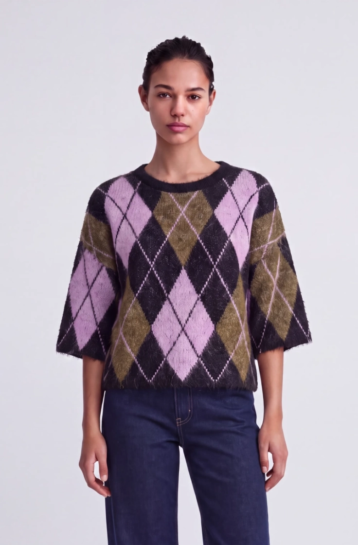onlnoeme ss pattern o-neck knt black argyle/be
