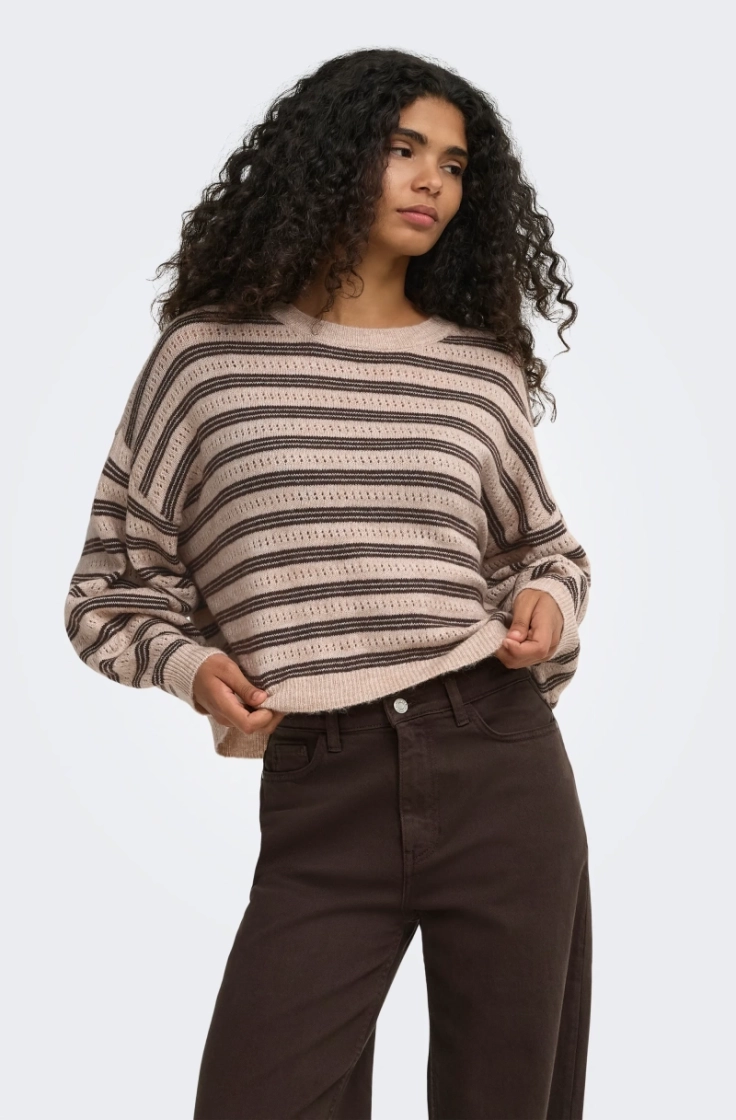 onlmonique ls loose o-neck knt humus str.mel/c